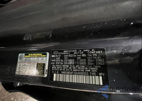 2013 Hyundai Santa Fe Gls из США, поврежденный, VIN KM8SMDHF1DU006333